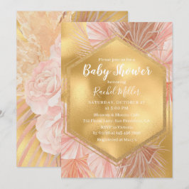 Convites Chuva de Bebê Floral Tropical Rosa Dourado