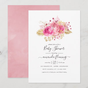 Convites Chuva de Bebê Floral Tropical Rosa e Dourado