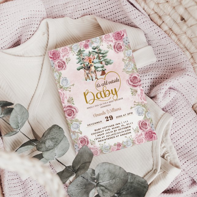 Convites Chuva de Bebê Floral Veado Bebê Menina É frio  (Criador carregado)