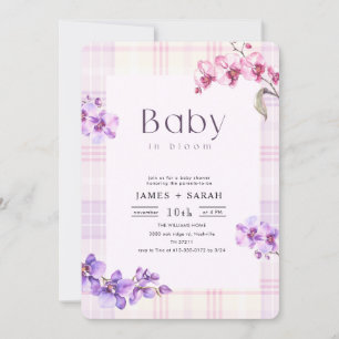 Convites Chuva de Bebê Floral Xadrez Vintage Orquídea Roxa