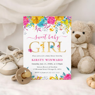 Convites Chuva de Bebê Flores de Verão Azuis, Rosas e Amare