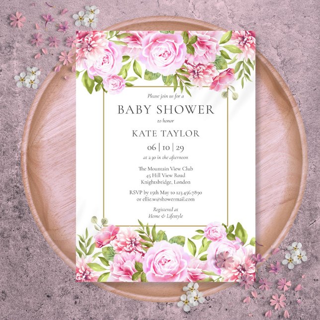 Convites Chuva de Bebê Flores Rosas Elegantes (Elegant Pink Roses Floral Baby Shower Invitation)