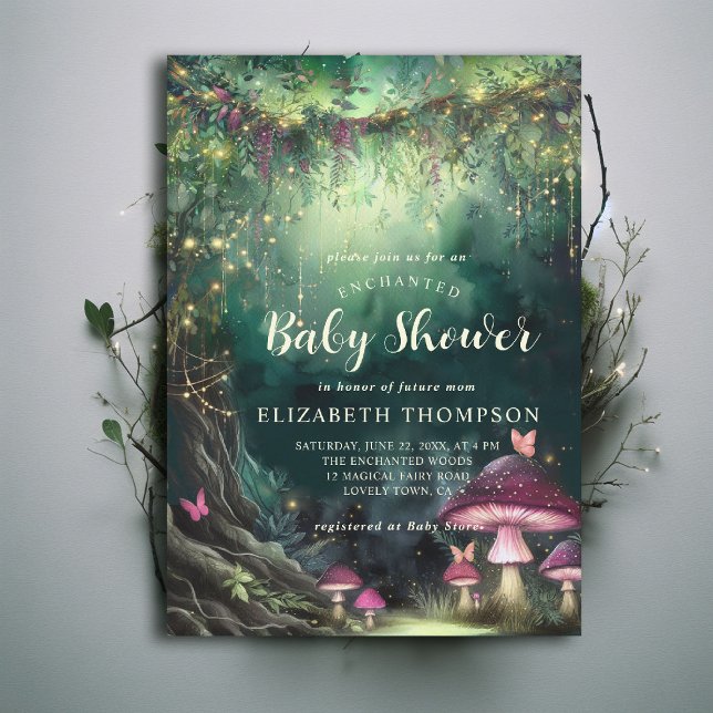 Convites Chuva de Bebê Floresta Encantada de Cogumelos Mági (enchanted forest baby shower theme invitation mushrooms butterflies emerald green pink woodland chic)