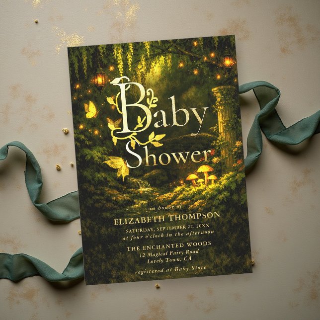 Convites Chuva de Bebê Floresta Encantada de Contos de Fada (enchanted garden baby shower invitation fairytale storybook butterflies glowing mushrooms greenery)