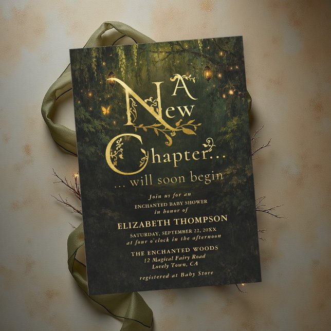 Convites Chuva de Bebê Floresta Encantada Livro de História (a new chapter baby shower invitation storybook theme enchanted forest emerald gold fairytale magical)