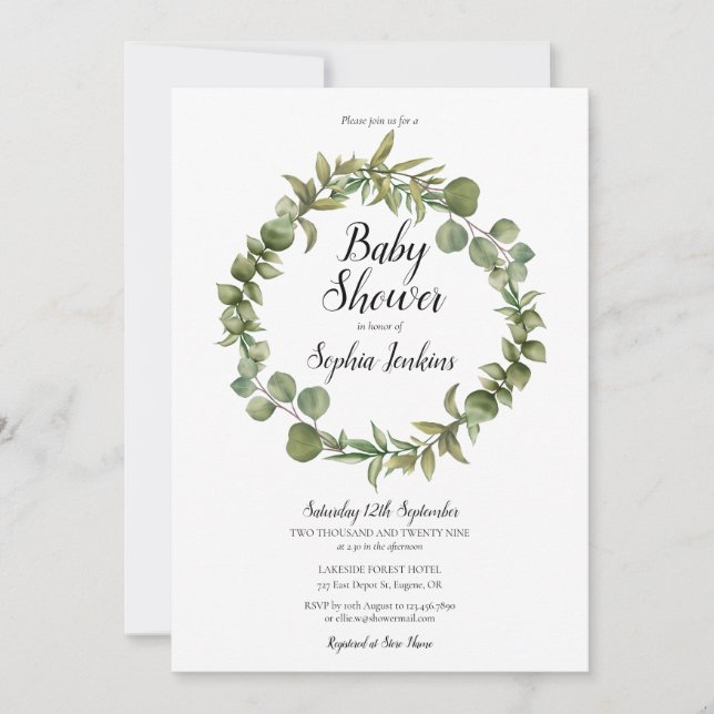 Convites Chuva de Bebê Floresta Eucalipto Script (Frente)