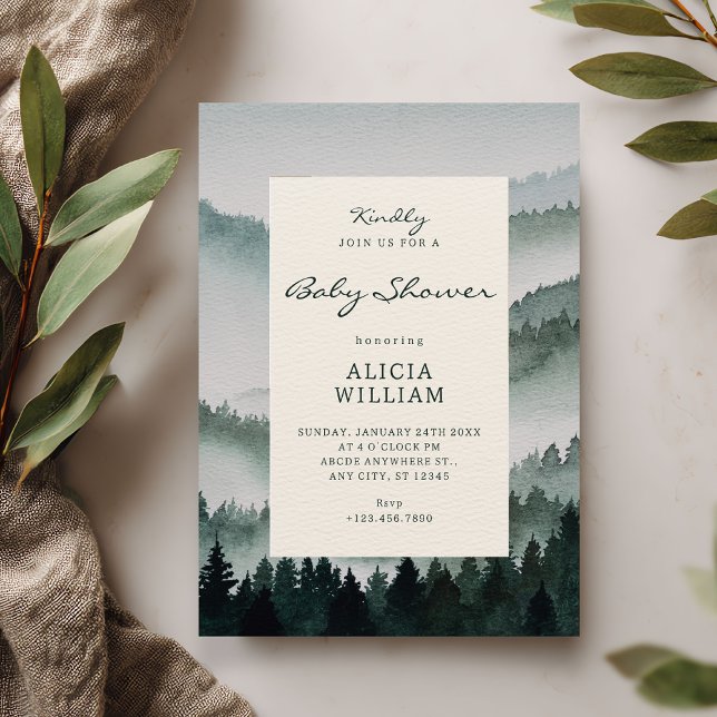 Convites Chuva de bebê floresta madeiras aquarela estética (Criador carregado)