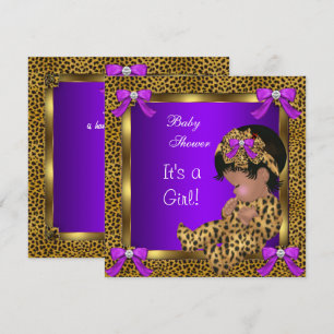Convites Chuva de Bebê Fofa Menina Leopardo Roxo Dourado 2