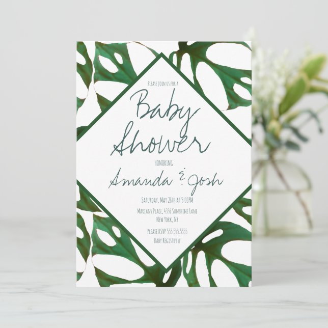 Convites Chuva de Bebê Folha Tropical Monstera (Em pé/Frente)