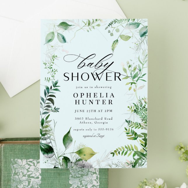 Convites Chuva de Bebê Folhagem Elegante Céu Azul (Criador carregado)