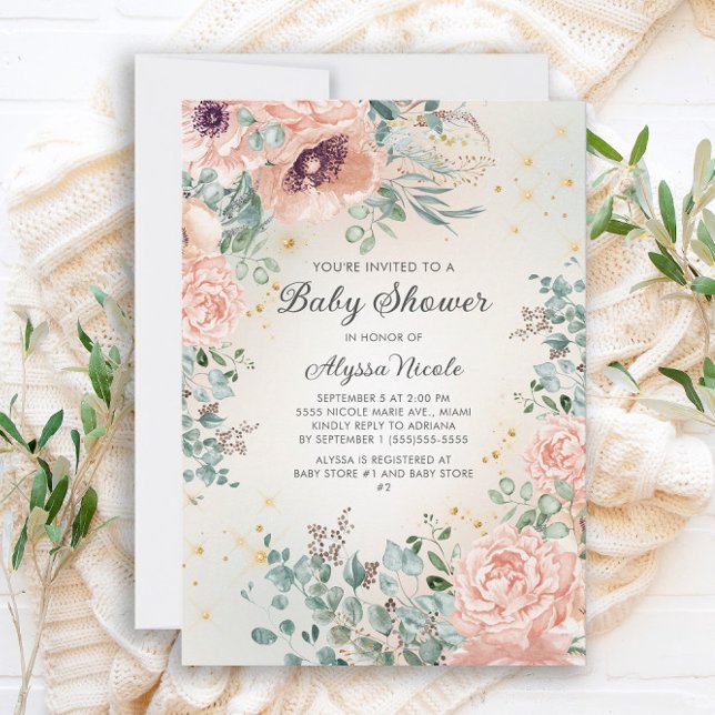 Convites Chuva de Bebê Folhagem Floral Rosa Dourado (Criador carregado)