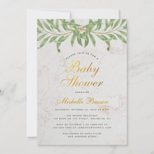Convites Chuva de Bebê Folhagem Verde Script Elegante Neutr