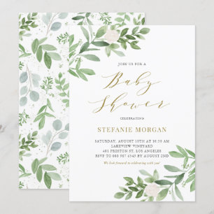 Convites Chuva de Bebê Folhagens em Aquarela e Flores Branc