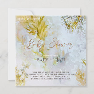 Convites Chuva de Bebê Folhas de Prata e Ouro em Aquarela