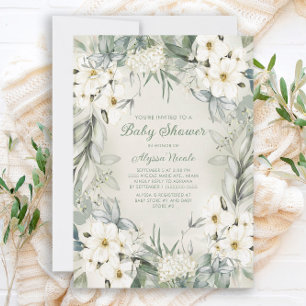 Convites Chuva de Bebê Folhas Verde Sage Floral Branco Eleg
