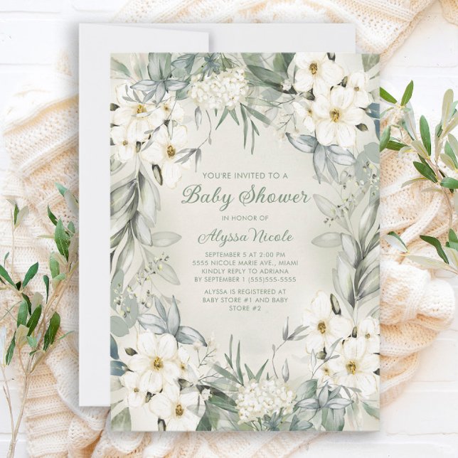 Convites Chuva de Bebê Folhas Verde Sage Floral Branco Eleg (Criador carregado)