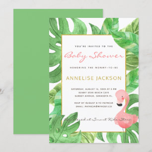 Convites Chuva de bebê folhas verdes flamingo rosa tropical