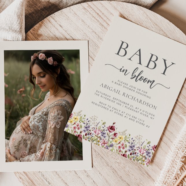Convites Chuva de Bebê Foto Bege Boho Flores Silvestres (Criador carregado)