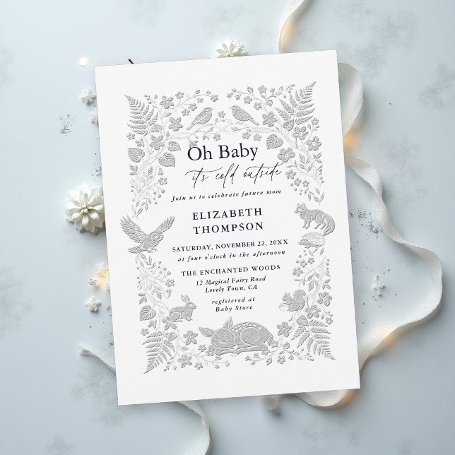 Convites Chuva de Bebê Frio Floresta de Madeira Conto de Fa (winter baby shower invitation woodland animals magical enchanted forest storybook cold outside)