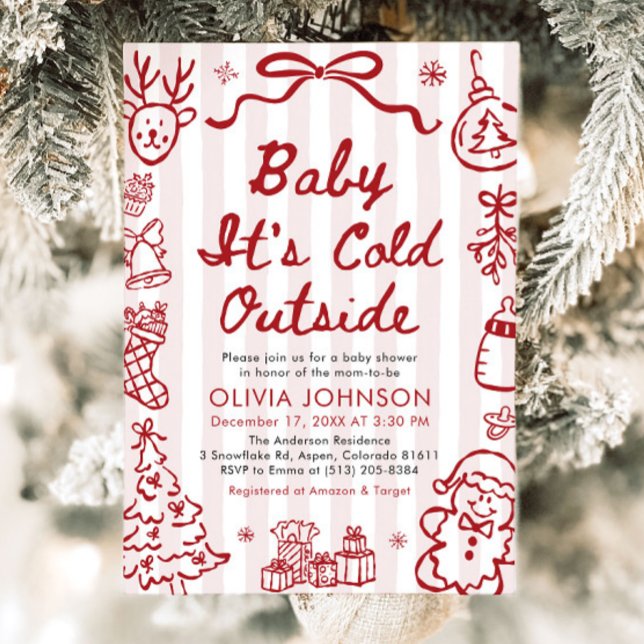 Convites Chuva de Bebê Frio Lá Fora Festa de Bebê Desenhada (Hand Drawn Baby It's Cold Outside Baby Shower Invitation)