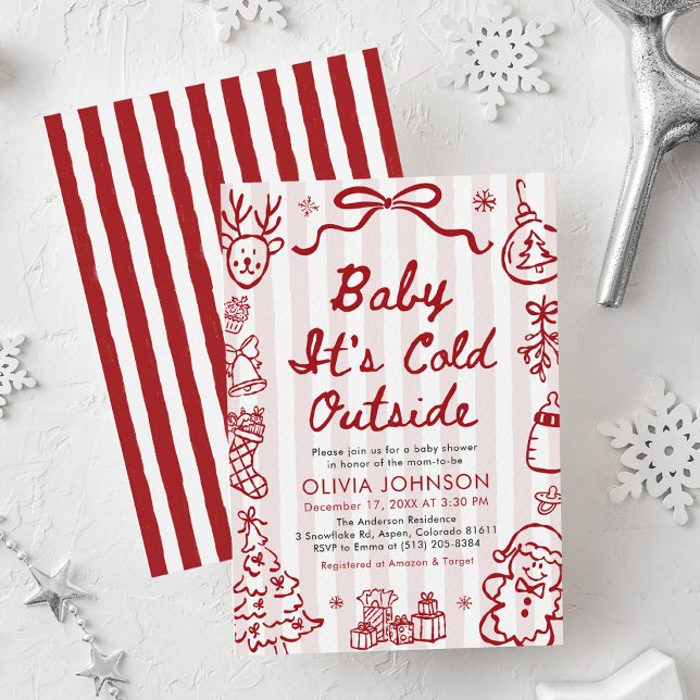Convites Chuva de Bebê Frio Lá Fora Festa de Bebê Desenhada (Hand Drawn Baby It's Cold Outside Baby Shower Invitation)