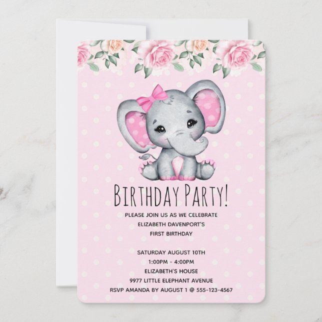 Convites Chuva de Bebê Fronteira de Elefante Rosa e Rosas (Frente)
