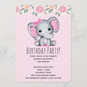 Convites Chuva de Bebê Fronteira de Elefante Rosa e Rosas