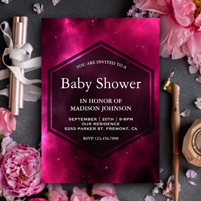 Convites Chuva de Bebê Galáxia Espacial Rosa Moderno (Criador carregado)