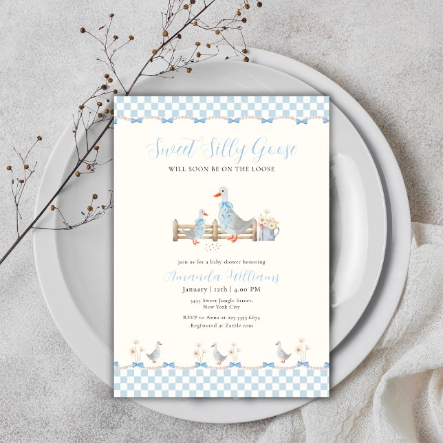 Convites Chuva de Bebê Ganso Bobalhão Preppy Xadrez com Laç (Blue Bow Gingham Preppy Silly Goose Baby Shower Invitation)