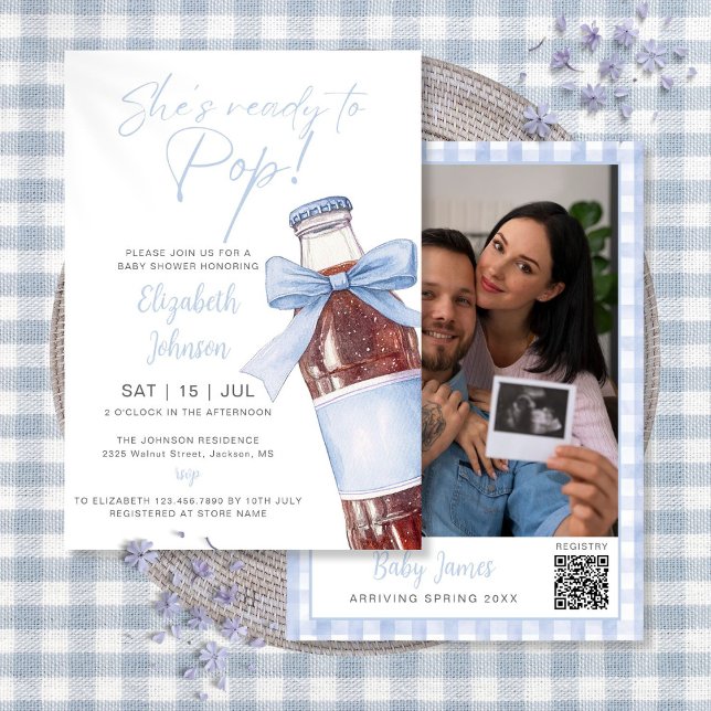 Convites Chuva de Bebê Garrafa de Refrigerante Azul Pronto  (Ready To Pop Blue Soda Bottle Baby Shower Photo Invitation)