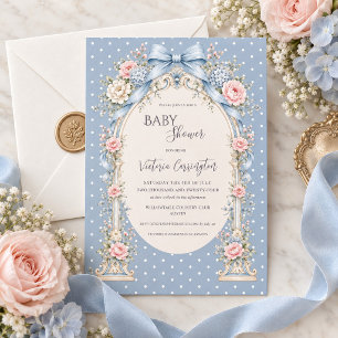 Convites Chuva de Bebê Gazebo Floral Rosa Azul Vintage