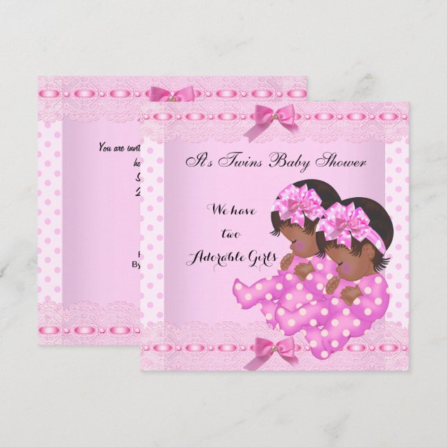 Convites Chuva de Bebê Gêmeas Afro-Americanas Rosa (Frente/Verso)
