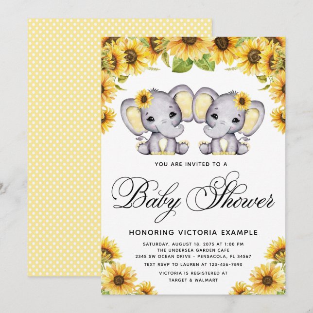 Convites Chuva de Bebê Gêmeas Meninas Elefante Girassol (Frente/Verso)