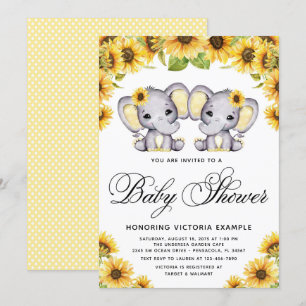 Convites Chuva de Bebê Gêmeas Meninas Elefante Girassol
