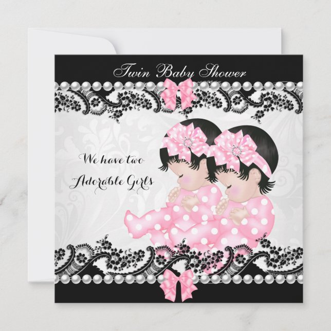 Convites Chuva de Bebê Gêmeas Meninas Lindas Rosa Menina (Frente)