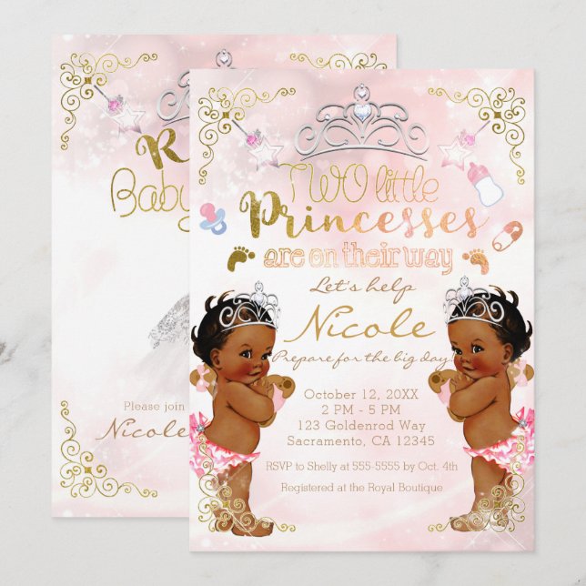Convites Chuva de Bebê Gêmeas Meninas Princesa Rosa Étnico  (Frente/Verso)