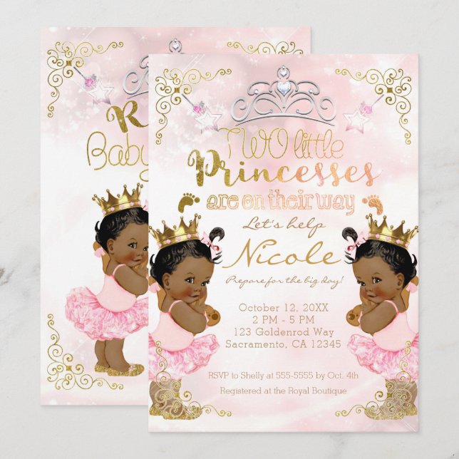 Convites Chuva de Bebê Gêmeas Meninas Princesa Rosa Étnico  (Frente/Verso)