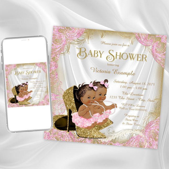 Convites Chuva de Bebê Gêmeas Meninas Sapato Brilho Dourado (Pink gold twin girl baby shower invitation. Instant download and printed invitations available.)
