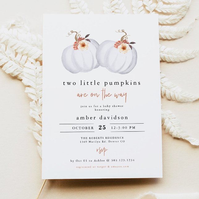 Convites Chuva de Bebê Gêmeos AMBER Rustic Duas Pequenas Ab (Two Little Pumpkins on the Way Twin Baby Shower Invitation)