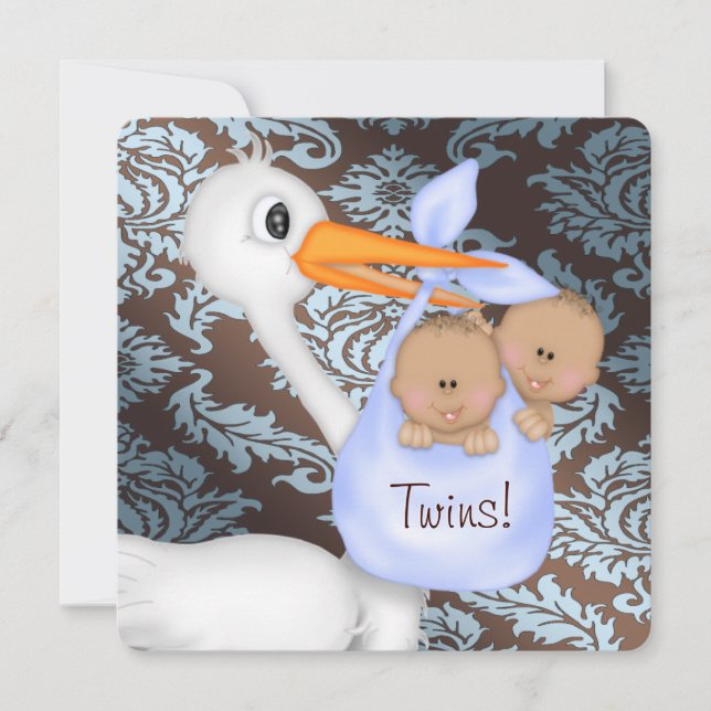 Convites Chuva de Bebê Gêmeos Azul Bebê e Marrom Damask (Frente)