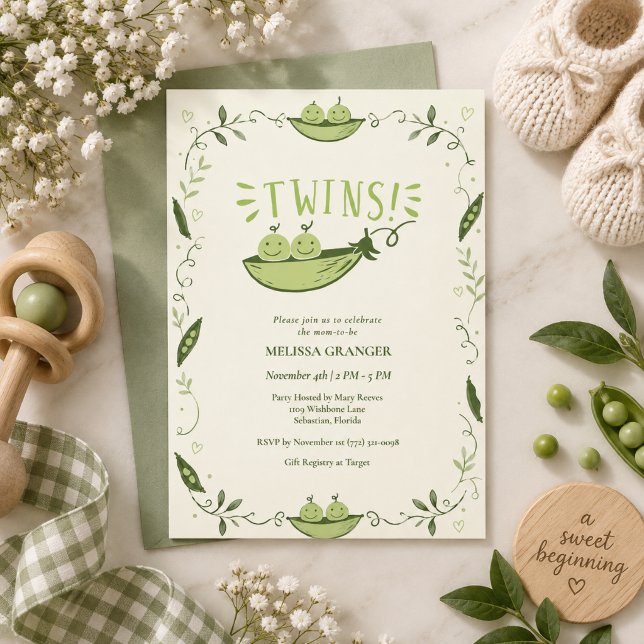 Convites Chuva de Bebê Gêmeos Duas Ervilhas em uma Vagem  (Two Peas in a Pod Twins Baby Shower Invitation)