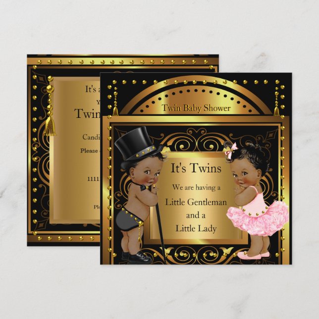 Convites Chuva de Bebê Gêmeos Menino e Menina Dourado Étnic (Frente/Verso)