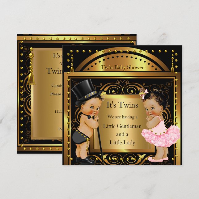 Convites Chuva de Bebê Gêmeos Menino e Menina Dourado Moren (Frente/Verso)