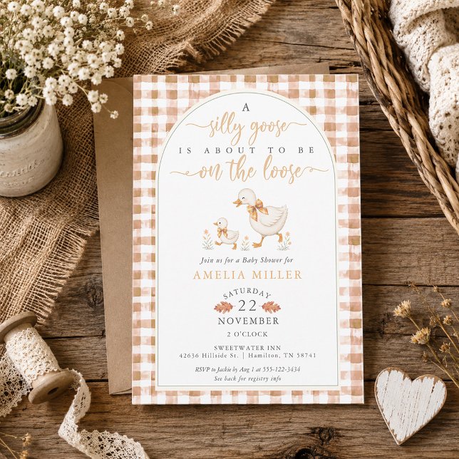 Convites Chuva de Bebê Gingham Silly Goose on the Loose (Fall Gingham Silly Goose on the Loose Baby Shower Invitation)