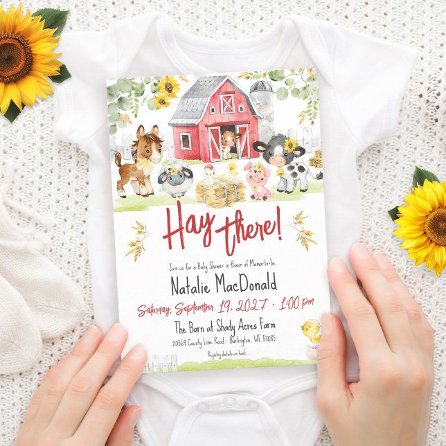 Convites Chuva de Bebê Girassol Animais de Fazenda Fofos (Funny Hay There cute watercolor red barn farm animals sunflower greenery neutral baby shower invite)