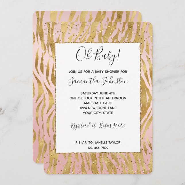 Convites Chuva de Bebê Glitz Dourado Rosa Zebra (Frente/Verso)