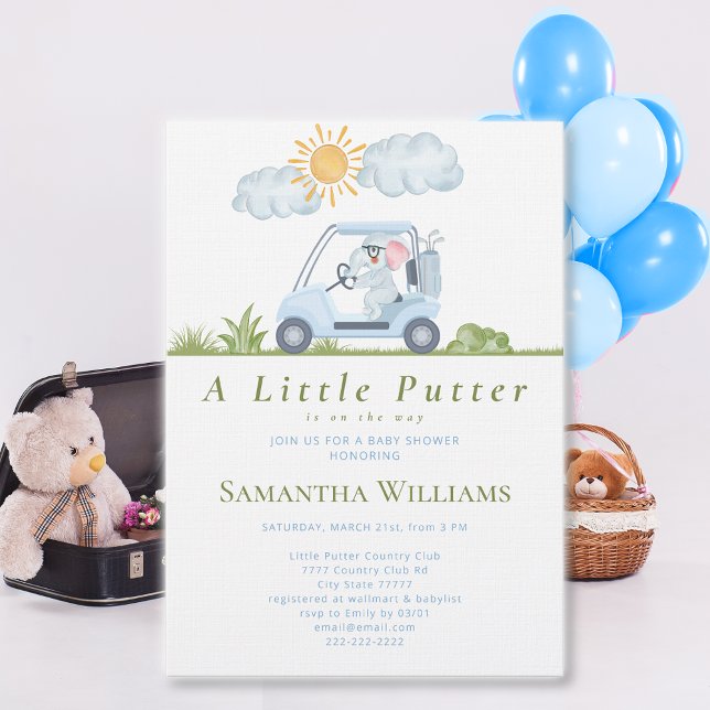 Convites Chuva de Bebê Golfe Little Putter Aquarela (Little Putter Golfer Watercolor Golf Cute Lil Elephant Driving Golf Cart Blue Baby Shower Invitation)