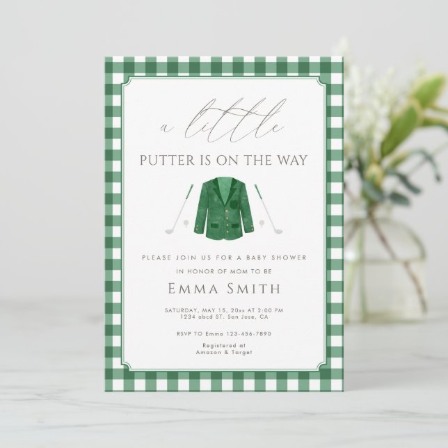 Convites Chuva de Bebê Green Gingham Um Pequeno Putter de G (Em pé/Frente)
