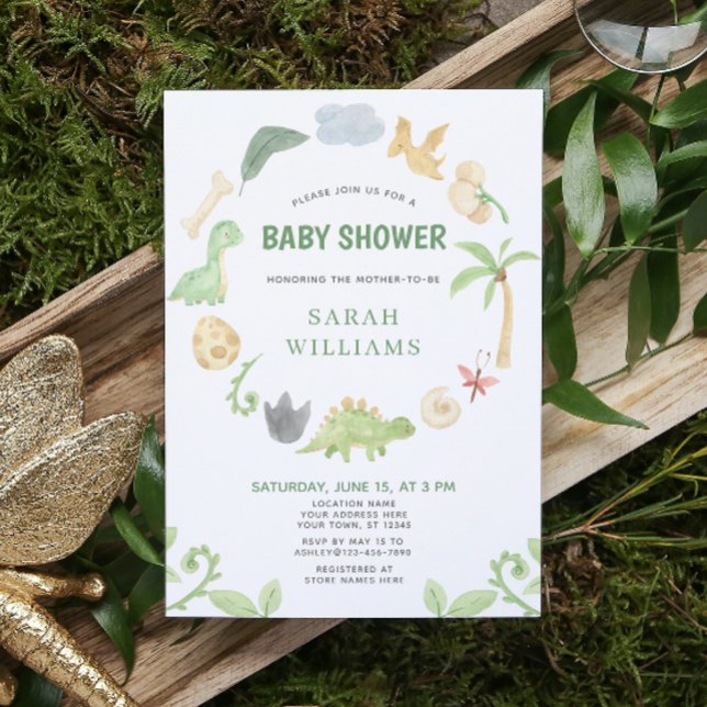 Convites Chuva de Bebê Grinalda em Aquarela Verde Dinossaur (Get ready for a Jurassic celebration with our adorable dinosaur baby shower invitations! 🦕)