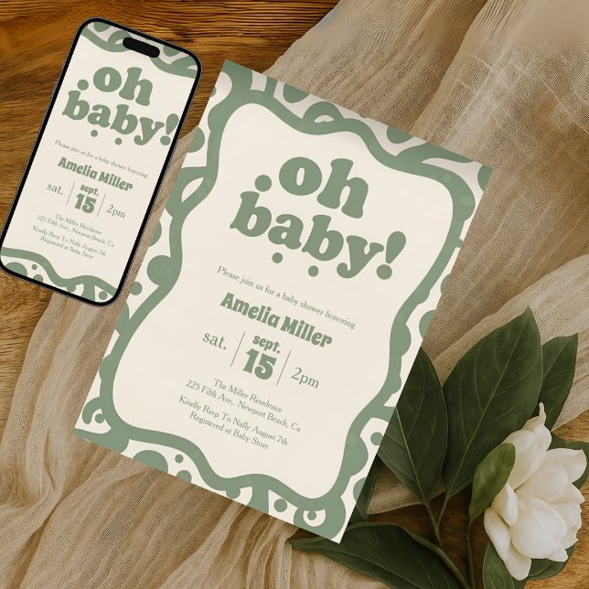 Convites Chuva de Bebê Groovy Oh Baby | Verde Sage Retro do (Criador carregado)